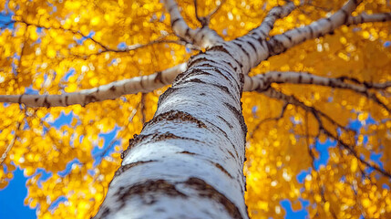 Low-angle view of a birch tree with golden yellow autumn leaves and a bright blue sky in the background.
