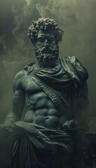 Powerful representation of marcus aurelius amidst a mysterious greek relic backdrop in smoky light