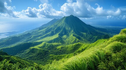 Fototapeta premium Lush green mountains under dramatic clouds with clear blue sky during midday