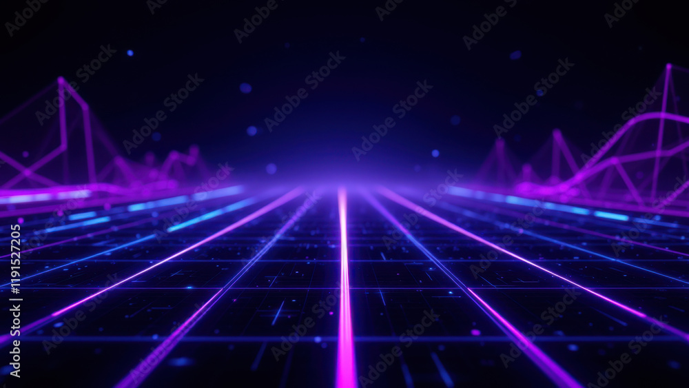 Poster vibrant purple neon lights creating an abstract digital tunnel effect with glowing grid lines on a f
