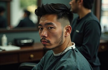 Asian man in barbershop with modern haircut