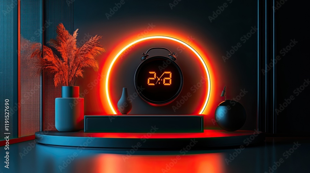 Poster neon lit clock display with modern decor elements