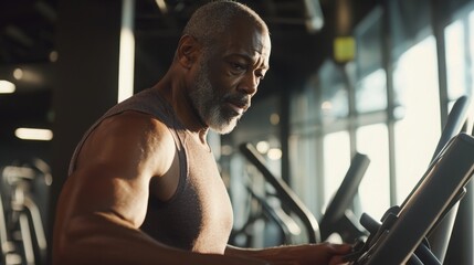 A focused African American man with a beard is exercising on a gym machine. The gym has large windows, allowing natural light to fill the space.
