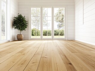 Fototapeta premium A large room with a white wall and a large window