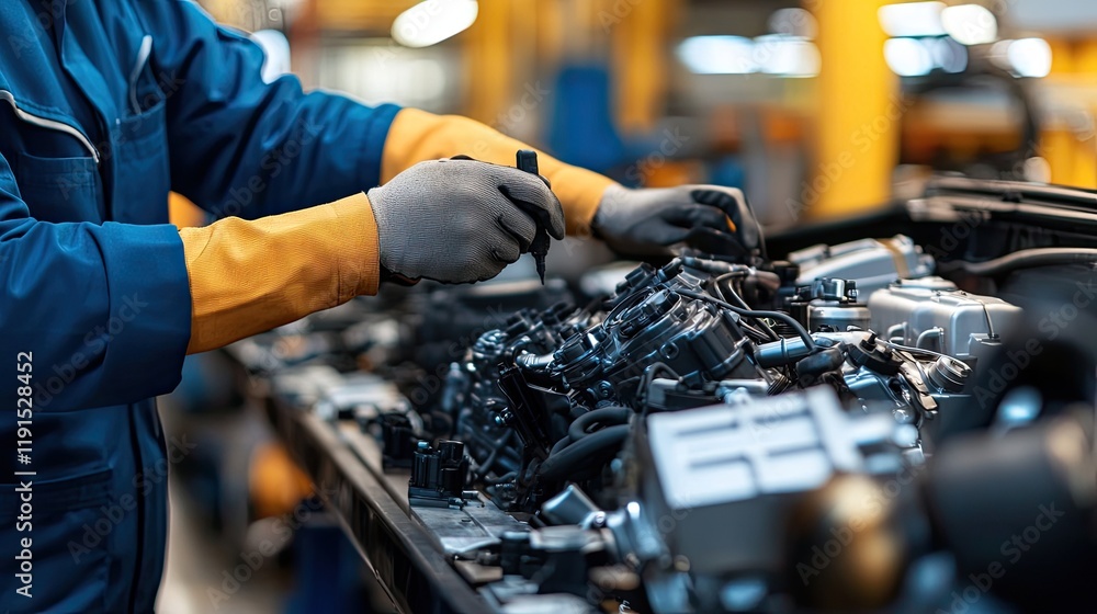 Poster Technician inspecting automobile engine components during assembly