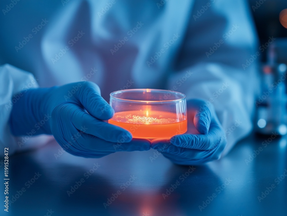 Poster scientific innovation gloved hands with petri dish under microscope light in laboratory setting