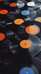 Vinyl records with various colored labels create a nostalgic and musical backdrop, representing a passion for music and a bygone era of analog sound recording