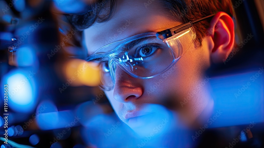 Poster young scientist concentrates on lab experiment