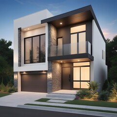 Modern house, A medium-sized urban townhouse with a sleek, modern facade, rooftop terrace, and minimal landscaping, ideal for a compact, city living home concept.