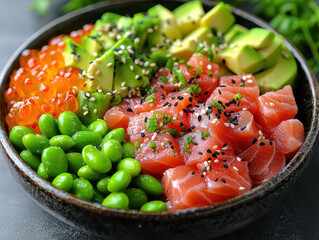 Colorful poke bowl featuring ahi tuna, avocado, edamame, and seaweed salad with sesame seeds in black ceramic bowl
