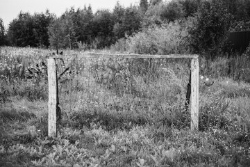 Football goals overgrown with grass.