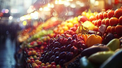 Colorful Fresh Produce Market Display Under Rain