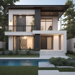 Modern house, A medium-sized urban townhouse with a sleek, modern facade, rooftop terrace, and minimal landscaping, ideal for a compact, city living home concept.