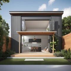 Modern house, A medium-sized urban townhouse with a sleek, modern facade, rooftop terrace, and minimal landscaping, ideal for a compact, city living home concept.