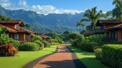Obraz premium Lush garden pathway leads to tropical resort in the early morning light surrounded by greenery