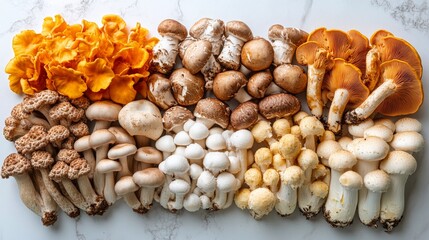 Colorful assortment of fresh mushrooms displayed on a kitchen counter with herbs