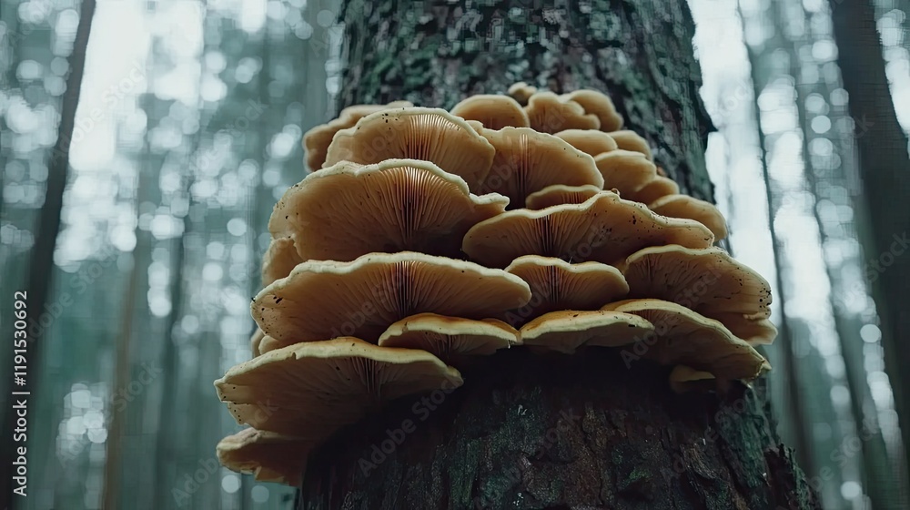 Aufkleber cluster of pale yellow mushrooms on tree trunk