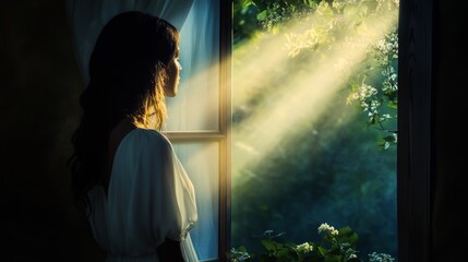 Fototapeta premium Woman gazing out the window in anticipation of hopeful days and the return of jesus christ