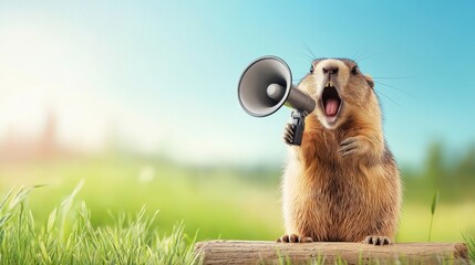 A lively groundhog screaming into megaphone symbolizes fun around Groundhog Day, ads for promotions, advertisement and communication, marketing. Copy space. Spring
