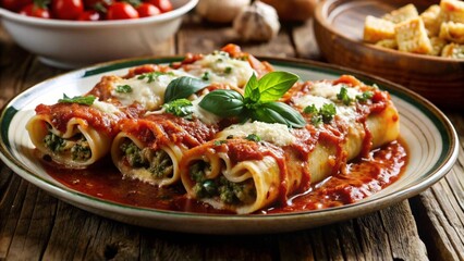 Manicotti. Stuffed cannelloni pasta with tomato sauce and melted cheese.