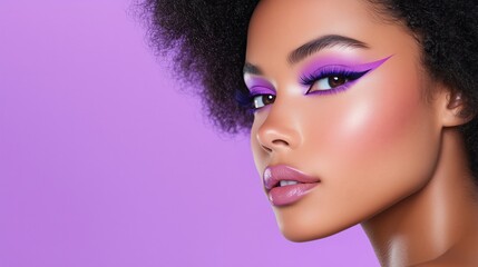 Bold pink blush and striking purple eyeliner enhance the models beauty against a vibrant purple background for a stunning visual impact