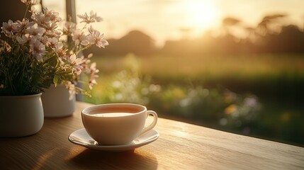 Serene Sunrise Tea With Blossoms Beside Window