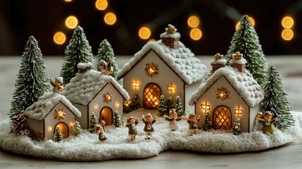 Illuminated Winter Village Christmas Scene With Children