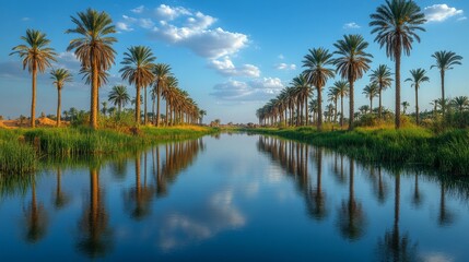 Obraz premium Tranquil lake surrounded by palm trees and mountains under a sunny sky