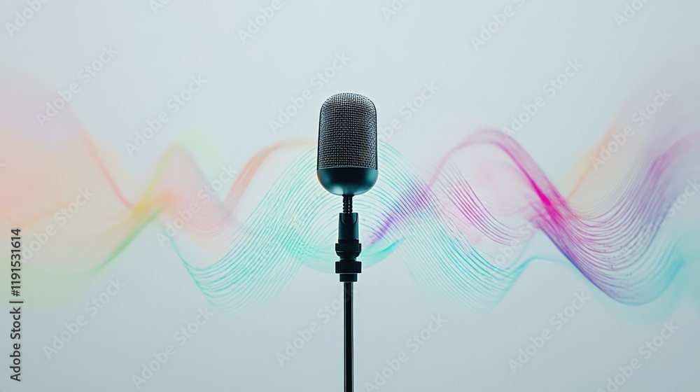 Poster retro style microphone standing prominently in front of vibrant sound waves, illustrating the dynami
