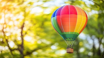 Obraz premium Colorful Hot Air Balloon Soaring Through Lush Green Trees