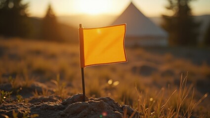 Small flag marking their campsite symbolizing family's pioneering spirit , Professional stock photo, AI generated photograph