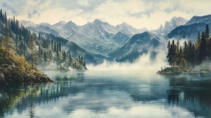Serene Mountain Lake Enveloped in Misty Morning Calm