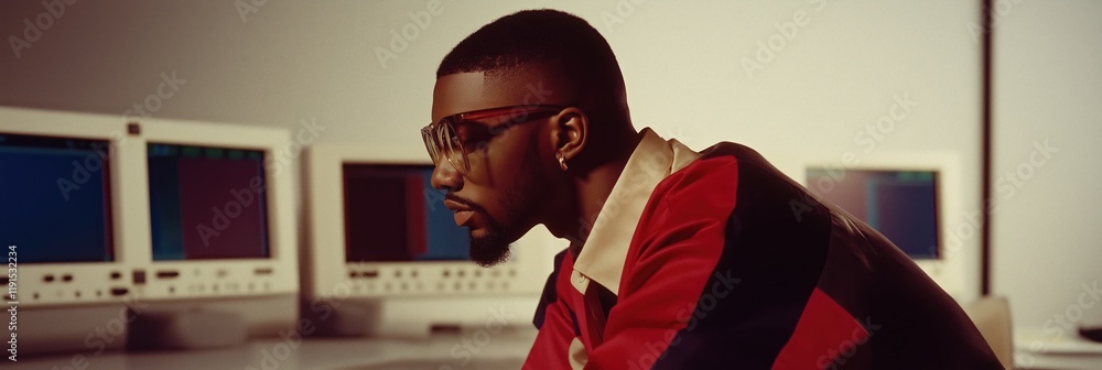 Poster a man wearing glasses is sitting in front of a computer monitor. he is wearing a red jacket and a bl