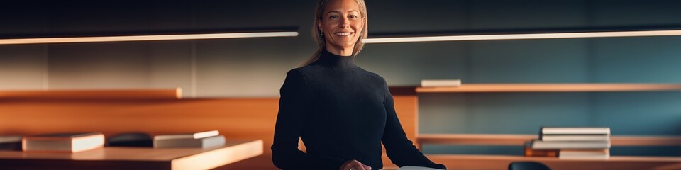 A woman is standing in a library with a book in her hand. She is smiling and she is enjoying her time in the library