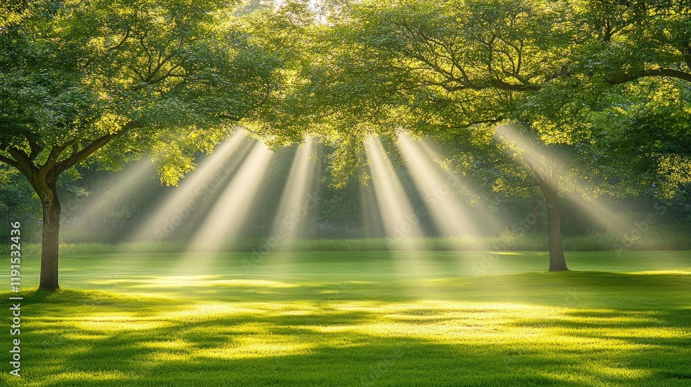 Poster sunbeams filtering through lush green trees illuminating a grassy field