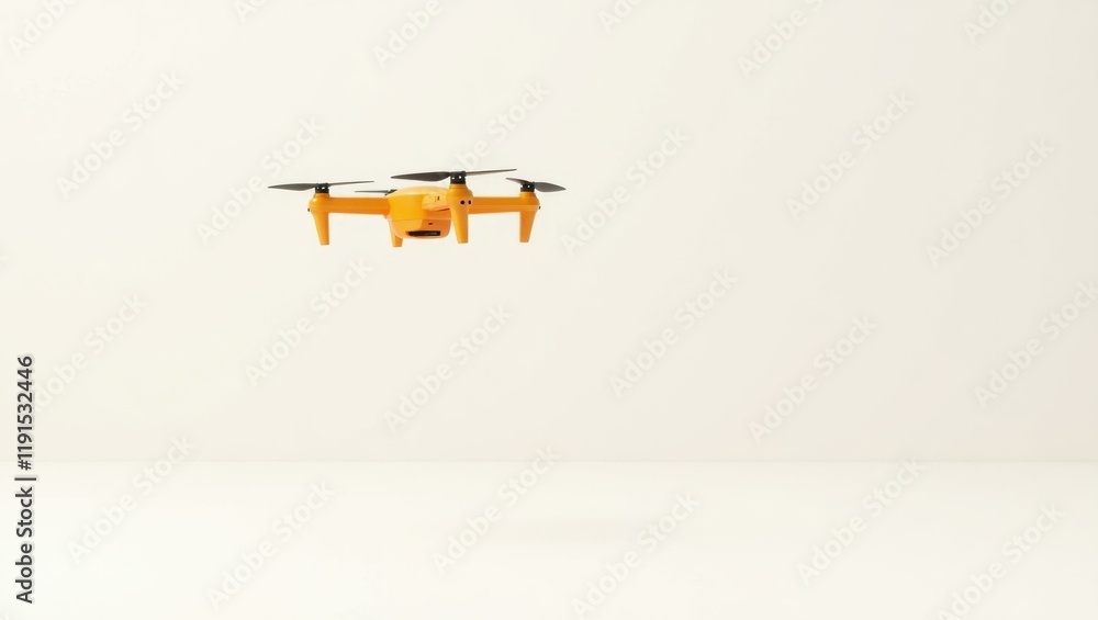 Poster orange drone hovering on left. soft white background. copy space for text, 3d render ai generated de