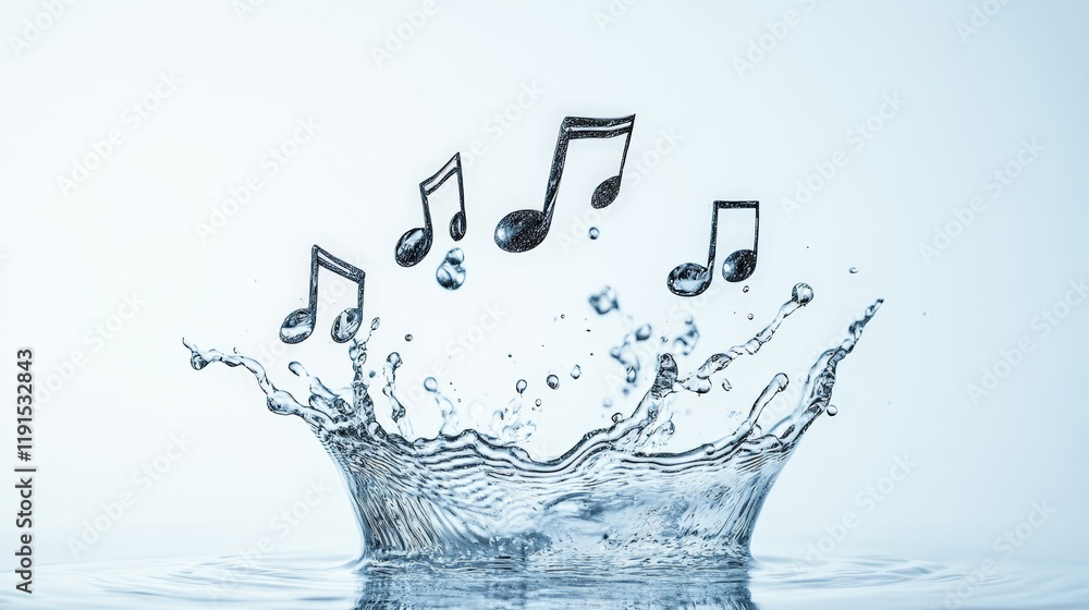Poster Musical notes are playfully jumping out of a refreshing water splash, creating a harmonious blend of music and liquid motion against a clean background