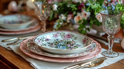 Naklejka premium Decorative table setting with flowers and dinnerware in a garden during a sunny afternoon