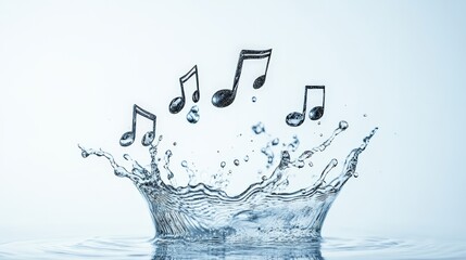 Musical notes are playfully jumping out of a refreshing water splash, creating a harmonious blend of music and liquid motion against a clean background