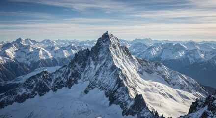 Naklejka premium Aerial view of majestic snow-capped mountain peaks, rugged alpine landscape, vast mountain range, dramatic jagged ridges, pristine white snow, deep blue sky with wispy clouds, crisp winter sunlight, h
