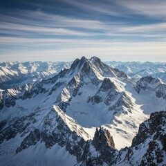 Aerial view of majestic snow-capped mountain peaks, rugged alpine landscape, vast mountain range, dramatic jagged ridges, pristine white snow, deep blue sky with wispy clouds, crisp winter sunlight, h