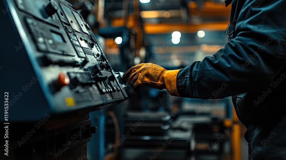Poster worker operating industrial machinery control panel