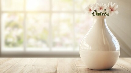 White Vase with Delicate White Flowers on Wooden Table