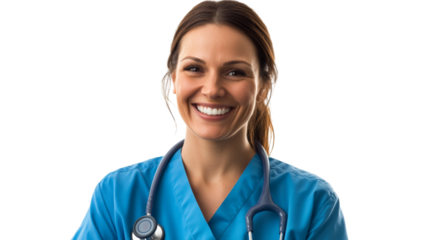 Smiling nurse practitioner in medical uniform, isolated on transparent background