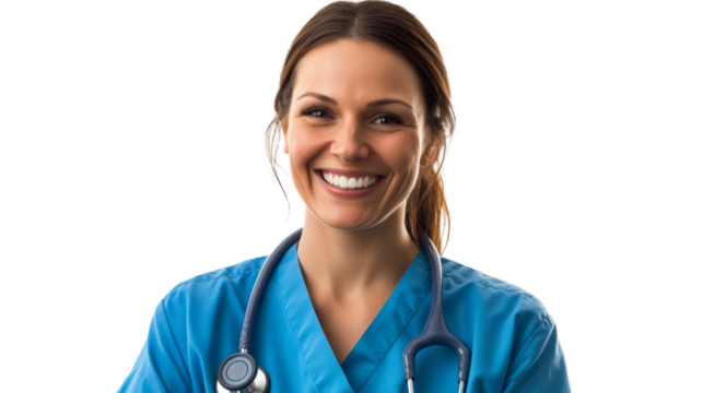 Smiling nurse practitioner in medical uniform, isolated on transparent background