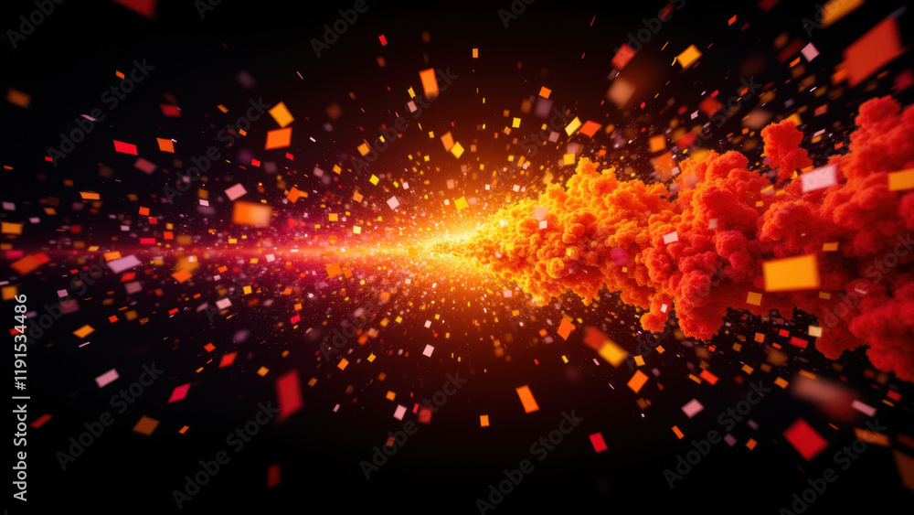 Poster vibrant abstract explosion in space with fiery red colors and dark background.