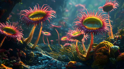 Siren-like carnivorous plants with vibrant colors, deadly allure, documentary style,. Sundew. Illustration
