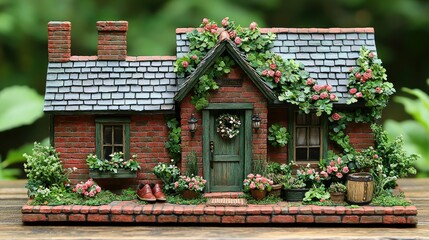 Fototapeta premium Miniature Brick Cottage Adorned With Roses And Greenery