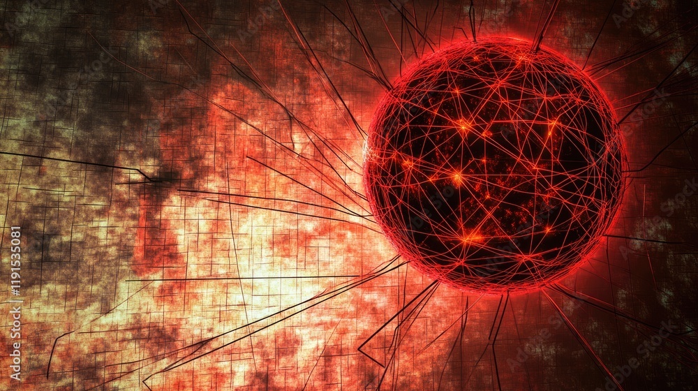 Poster a futuristic red globe with illuminated network paths, symbolizing connectivity on a textured backgr