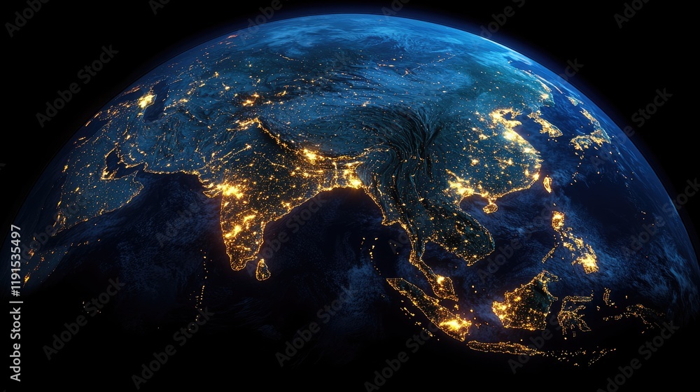 Poster a global view of earth at night, highlighting major cities illuminated by lights and connected by in